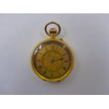 AN 18K STAMPED YELLOW GOLD OPEN FACE LATE VICTORIAN LADIES FOB WATCH. NUMBERS INSIDE OF CASE 254535,