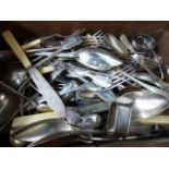 A LARGE QUANTITY OF HALLMARKED SILVER AND OTHER WHITE METAL CUTLERY CONTAINED IN A TEAK BOX.