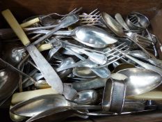 A LARGE QUANTITY OF HALLMARKED SILVER AND OTHER WHITE METAL CUTLERY CONTAINED IN A TEAK BOX.