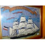 A VINTAGE WOOLWORK PICTURE OF THE SAILING SHIP ELFRIEDA IN MAPLE FRAME TOGETHER WITH PAPERWORK