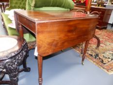 A REGENCY MAHOGANY PEMBROKE TABLE WITH APRON DRAWER STAMPED GILLOW AND NUMBERED, ON BRASS CASTORS