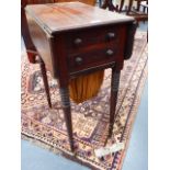 AN EARLY 19th.C.MAHOGANY WORK TABLE WITH DROP LEAF TOP OVER TWO DRAWERS AND SEWING BASKET. W.50cms.