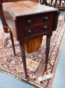 AN EARLY 19th.C.MAHOGANY WORK TABLE WITH DROP LEAF TOP OVER TWO DRAWERS AND SEWING BASKET. W.50cms.