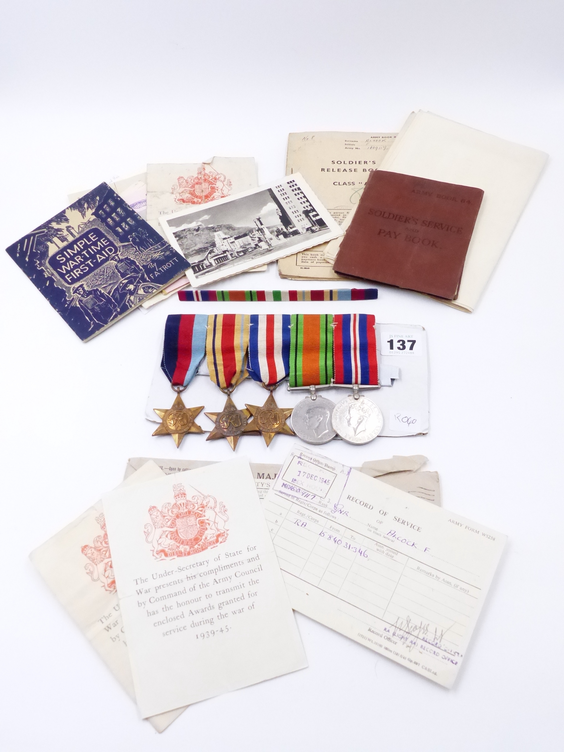 A GROUP OF FIVE WWII MEDALS AND RELATED EPHEMERA TO 1609117 FRED ALCOCK.