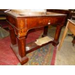 A CONTINENTAL EMPIRE MARQUETRY INLAID MAHOGANY CONSOLE/SIDE TABLE PARTIALLY FITTED APRON DRAWER. H.
