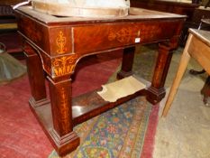 A CONTINENTAL EMPIRE MARQUETRY INLAID MAHOGANY CONSOLE/SIDE TABLE PARTIALLY FITTED APRON DRAWER. H.