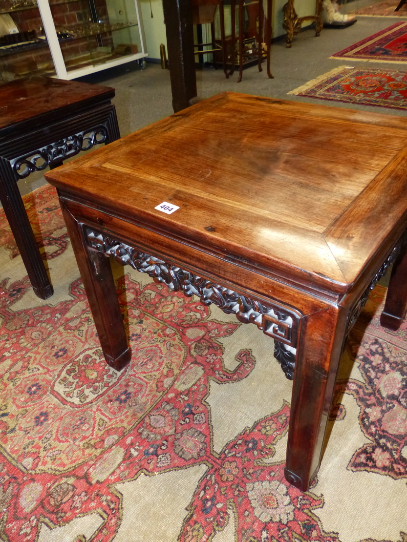 TWO CHINESE CARVED HARDWOOD SQUARE STANDS WITH PIERCED FOLIATE APRONS AND MOULDED STRAIGHT LEGS. - Image 3 of 17