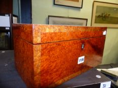 AN INLAID BURLWOOD LATE REGENCY TEA CADDY WITH FITTED INTERIOR AND CUT CRYSTAL MIXING BOWL. W.