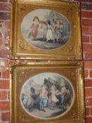 FOUR HAND COLOURED OVAL PRINTS OF CHILDREN AFTER F.BARTOLOZZI IN ELABORATE GILT FRAMES. OVERALL 51 x