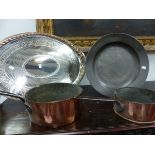 TWO ANTIQUE COPPER SAUCEPANS TOGETHER WITH AN ELKINGTON SILVER PLATE OVAL TRAY AND AN ANTIQUE PEWTER