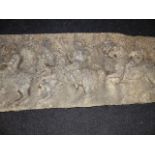 AN OLD RECONSTITUTED LONG RELIEF PANEL DEPICTING SOLDIERS ON HORSEBACK. W.148cms.