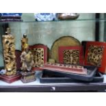 A COLLECTIVE LOT OF ORIENTAL EXPORTWARES TO INCLUDE CHINESE CARVED GILT FIGURAL LAMP BASES AND