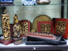 A COLLECTIVE LOT OF ORIENTAL EXPORTWARES TO INCLUDE CHINESE CARVED GILT FIGURAL LAMP BASES AND