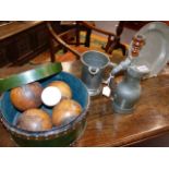 AN ANTIQUE PEWTER LIDDED TANKARD, A PEWTER QUART MEASURE, PEWTER PLATE, AND A SET OF BOWLING WOODS,