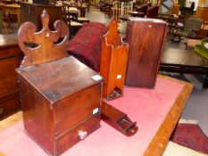 A GEORGIAN MAHOGANY CANDLE BOX WITH SLIDING LID, A FURTHER CANDLE OR SPILL BOX, ANOTHER WITH