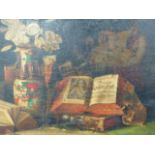 19th.C.CONTINENTAL SCHOOL. A TABLE TOP STILL LIFE OF BOOKS AND MANUSCRIPTS WITH A FIGURAL SCENE
