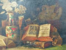 19th.C.CONTINENTAL SCHOOL. A TABLE TOP STILL LIFE OF BOOKS AND MANUSCRIPTS WITH A FIGURAL SCENE