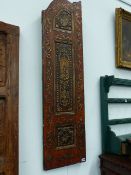 A PAIR OF ANTIQUE PANEL AND POLYCHROME DECORATED DOORS. H.142 x W.36.5cms EACH.