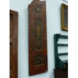 A PAIR OF ANTIQUE PANEL AND POLYCHROME DECORATED DOORS. H.142 x W.36.5cms EACH.