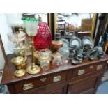 A COLLECTION OF 18th AND 19th.C.PEWTERWARE, FOUR OIL LAMPS,ETC.