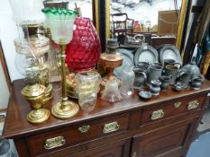 A COLLECTION OF 18th AND 19th.C.PEWTERWARE, FOUR OIL LAMPS,ETC.