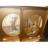 TWO REGENCY OVAL SILKWORK PICTURES OF CLASSICAL MAIDENS. 25 x 21cms.