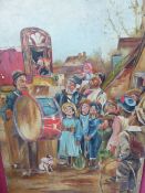 EARLY 20th.C.NAIVE SCHOOL. THE TOWN CRIER AND THE PUNCH AND JUDY SHOW, OIL ON PANEL, UNFRAMED. 58