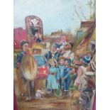 EARLY 20th.C.NAIVE SCHOOL. THE TOWN CRIER AND THE PUNCH AND JUDY SHOW, OIL ON PANEL, UNFRAMED. 58