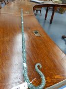 AN UNUSUAL BLUE TWISTED GLASS SHEPHERD'S CROOK. L.140cms.