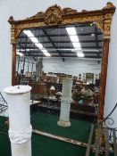 A LARGE VICTORIAN OVERMANTLE MIRROR WITH CARVED PAINTED FRAME. H.184 x W.170cms.