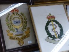 TWO SILKWORK REGIMENTAL PANELS, THE ARMY MEDICAL CORPS, 31 x 24cms TOGETHER WITH THE DORSETSHIRE