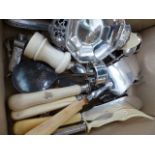 A QUANTITY OF VARIOUS HALLMARKED SILVER AND IVORY MOUNTED SILVER PIECES, COFFEE SPOONS, ETC.