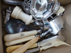 A QUANTITY OF VARIOUS HALLMARKED SILVER AND IVORY MOUNTED SILVER PIECES, COFFEE SPOONS, ETC.