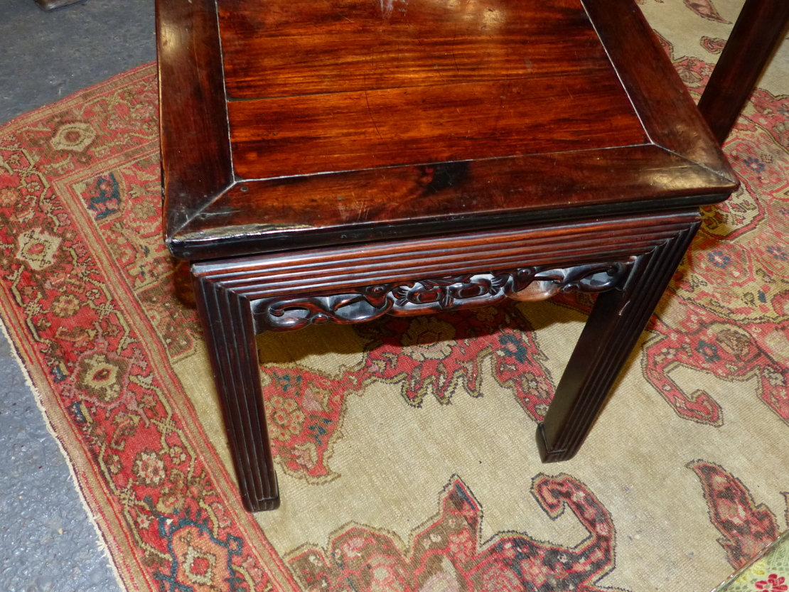 TWO CHINESE CARVED HARDWOOD SQUARE STANDS WITH PIERCED FOLIATE APRONS AND MOULDED STRAIGHT LEGS. - Image 9 of 17