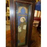 A FINE MEDIEVAL STYLE NEEDLEPOINT PANEL OF A SAINT IN MOULDED OAK FRAME BY ROWLEY TOGETHER WITH AN