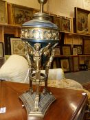 AN ORMOLU AND PATINATED FRENCH EMPIRE STYLE TRIFORM LAMP BASE WITH WINGED CARYATID SUPPORTS. OVERALL