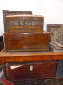 A 19th.C.ELM BLANKET BOX, A VICTORIAN PINE BLANKET BOX AND A DOME TOP TRAVEL CHEST. (3)