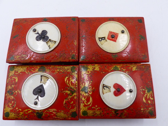 A SET OF FOUR 18th/19th.C.RED LACQUER AND IVORY BRIDGE COUNTERS, TOPS WITH INTEGRAL NUMBER WHEELS - Image 10 of 14