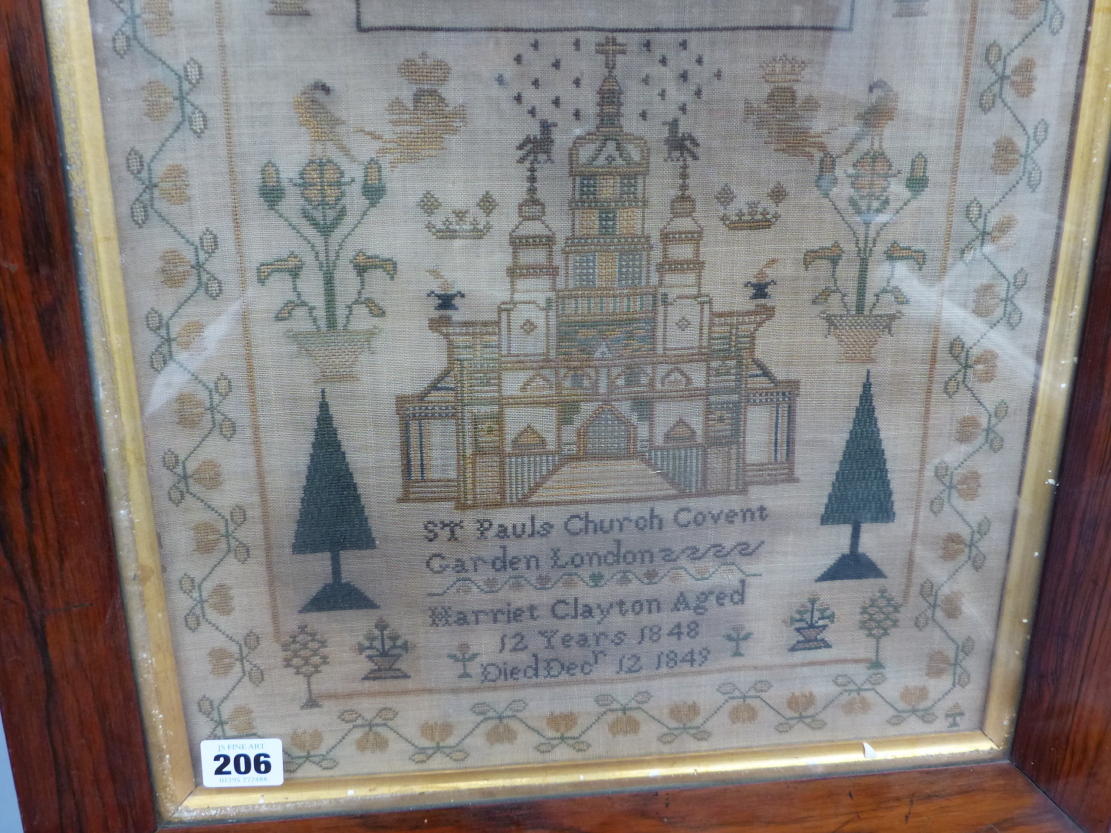 A VICTORIAN NEEDLEPOINT SAMPLER WITH A SCENE OF ST.PAUL'S CHURCH, COVENT GARDEN BELOW VERSE WITH - Image 6 of 9