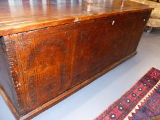 A LARGE IMPRESSIVE 18th.C. COFFER WITH CARVED PLANK FRONT DEPICTING ENGLISH ROYAL ARMS FLANKED BY