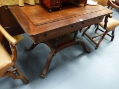 A 19th.C.PADOUK WOOD SIDE TABLE WITH TWO FRIEZE DRAWERS AND CARVED QUADROPED SCROLL LEGS. W.115 x