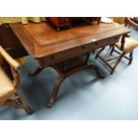 A 19th.C.PADOUK WOOD SIDE TABLE WITH TWO FRIEZE DRAWERS AND CARVED QUADROPED SCROLL LEGS. W.115 x