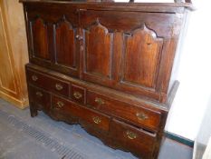 AN 18th.C.AND LATER OAK HALL CABINET WITH MULTI DRAWER BASE. W.148cms.