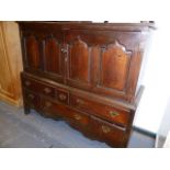 AN 18th.C.AND LATER OAK HALL CABINET WITH MULTI DRAWER BASE. W.148cms.