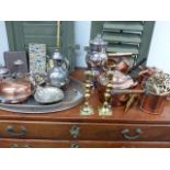 A QUANTITY OF VICTORIAN AND OTHER COPPER, BRASS AND PLATEDWARE.