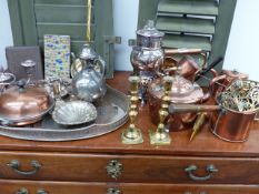 A QUANTITY OF VICTORIAN AND OTHER COPPER, BRASS AND PLATEDWARE.