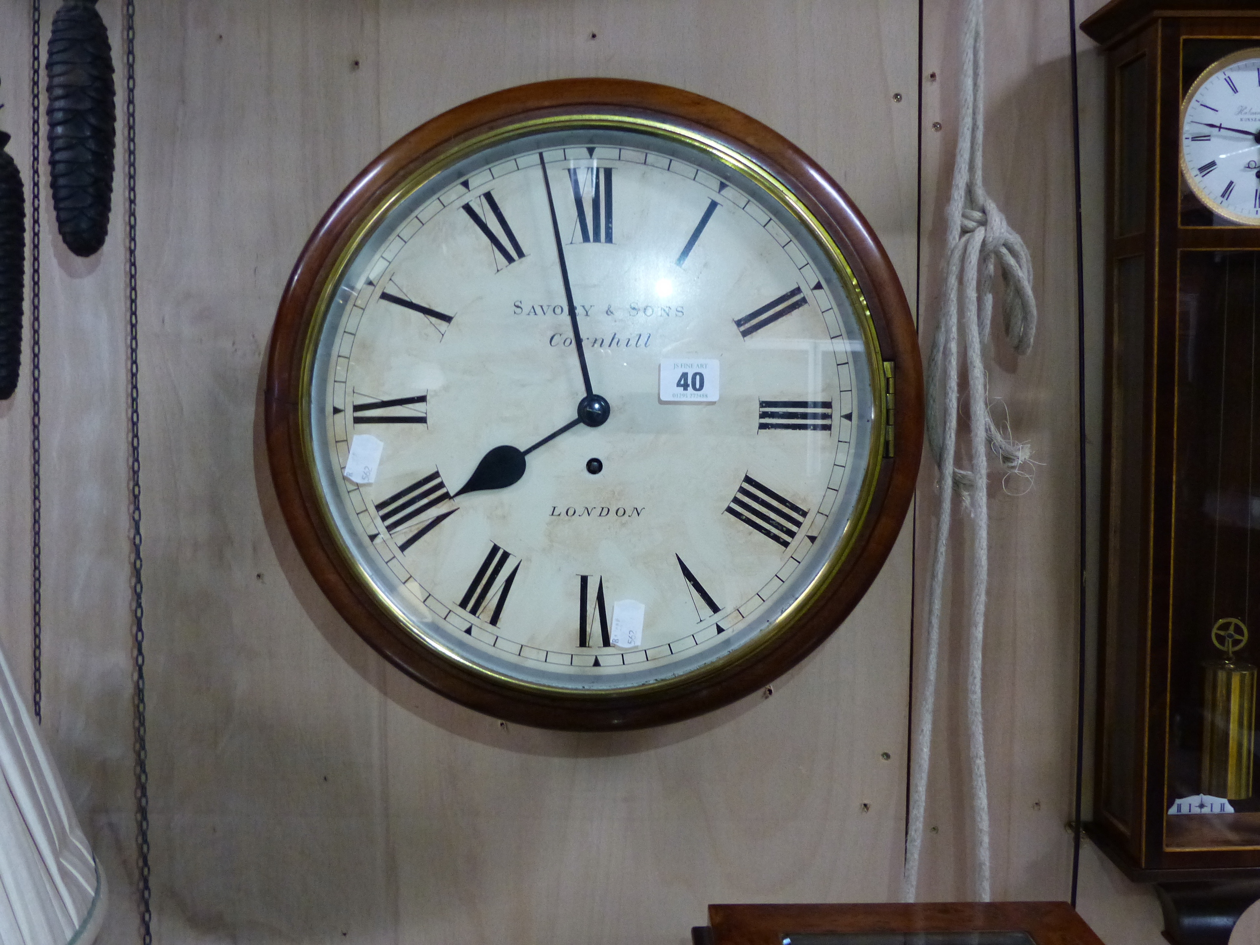 A 19th.C.MAHOGANY CASED DIAL WALL CLOCK WITH PAINTED 12" DIAL SIGNED SAVORY & SONS, CORNHILL,