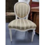 A CARVED GEORGIAN NEO CLASSICAL SALON CHAIR WITH OVAL BACK ABOVE SHAPED SEAT, FLUTED TAPERED LEGS IN