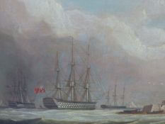 EARLY 19th.C.ENGLISH SCHOOL. WARSHIPS IN PORT, OIL ON CANVAS.