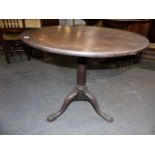 A GEO.III. MAHOGANY TRIPOD TABLE WITH SINGLE PIECE TOP OVER GUN BARREL COLUMN AND STOUT CARVED